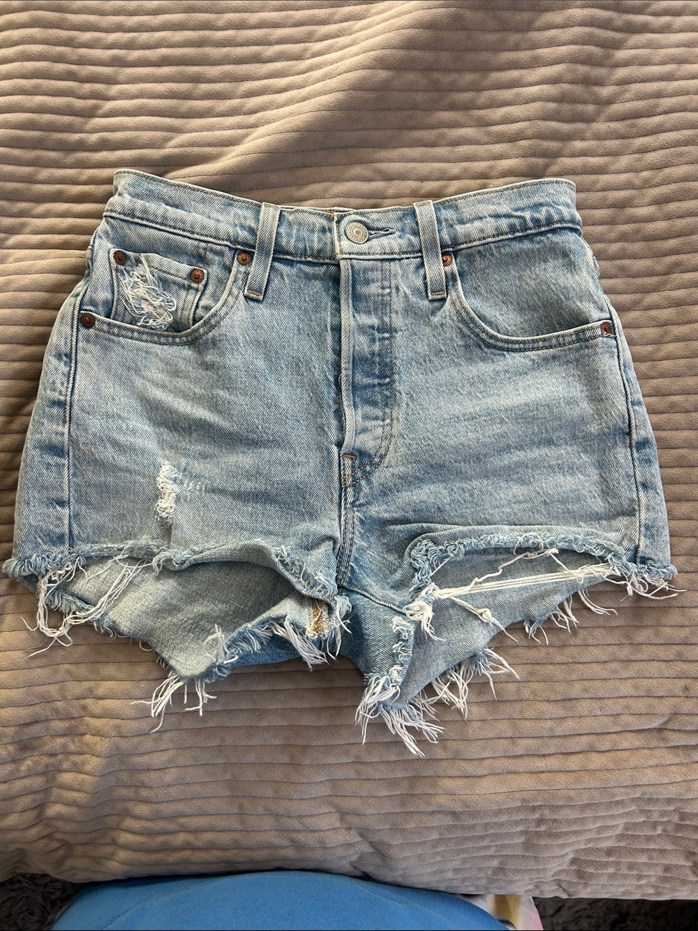 Levi's Light Blue Distressed High-Rise Denim Shorts